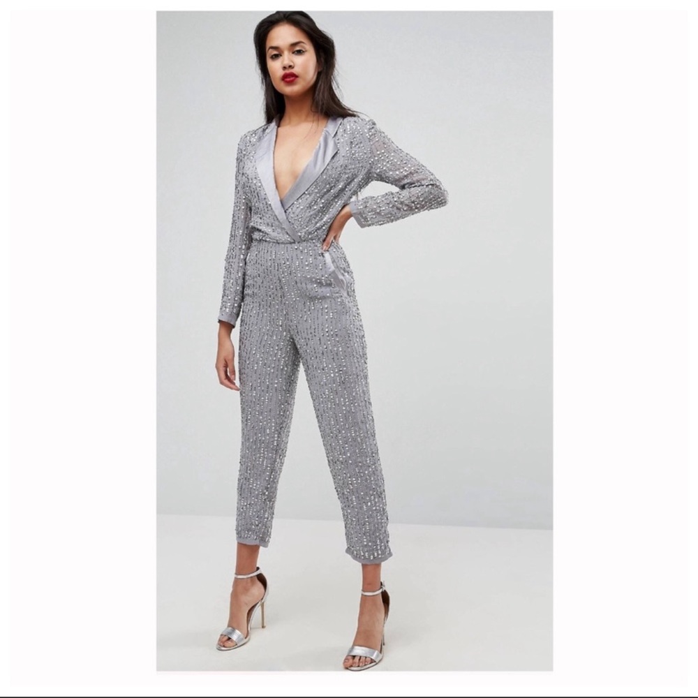 ASOS Embellished Tux Silver Jumpsuit Sequin